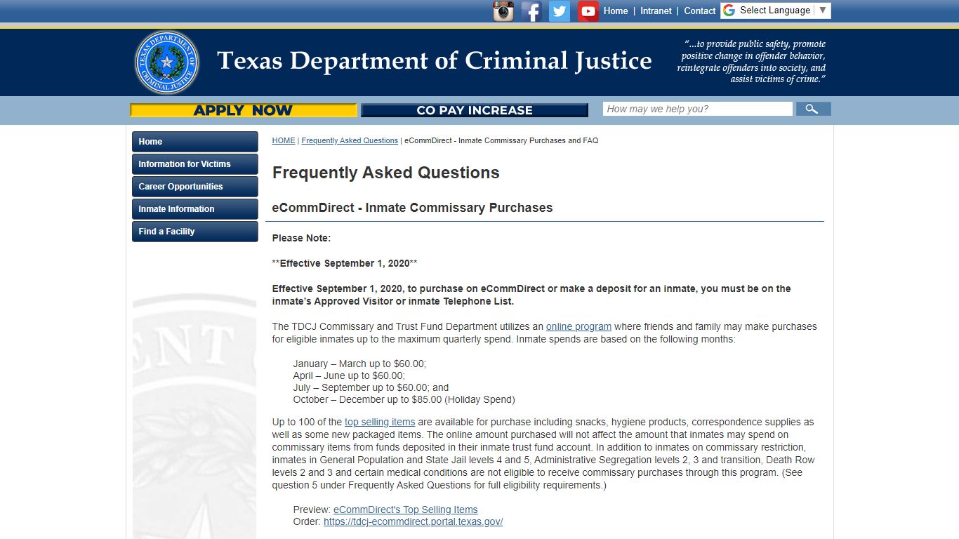 eCommDirect - Inmate Commissary Purchases and FAQ - Texas Department of ...